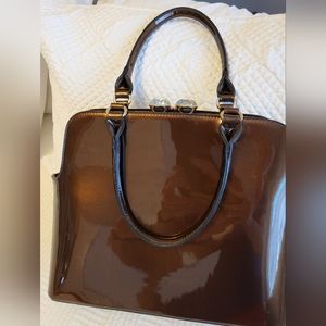 Coffee brown patent leather large satchel